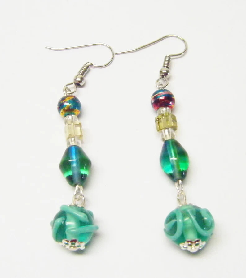 Colorful 3 Strands Green Tone Multi Shapes/Sizes Glass Bead Neck/Brace/Earrings