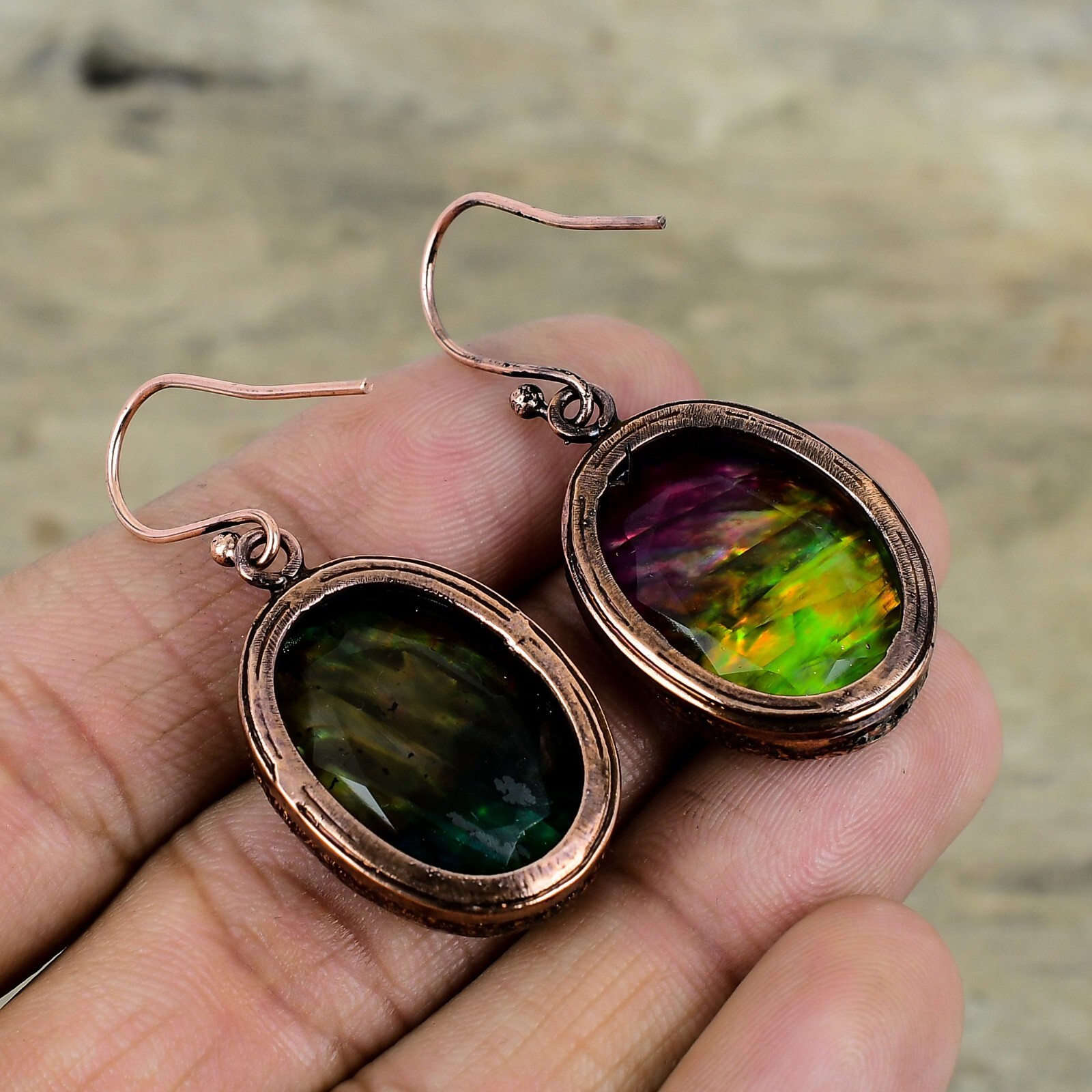 Ammolite Jewelry Copper Friend Gift Electroformed Drop/Dangle Earrings 1.85″
