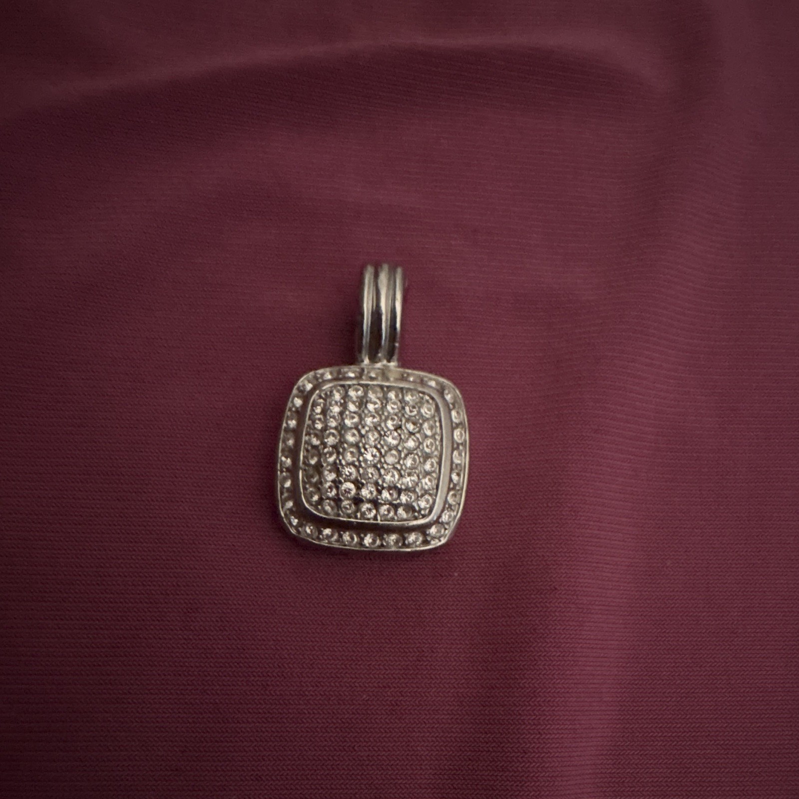 Silver Tone Square Charm Pendant Pavé Simulated Cubic Zirconia Crystal