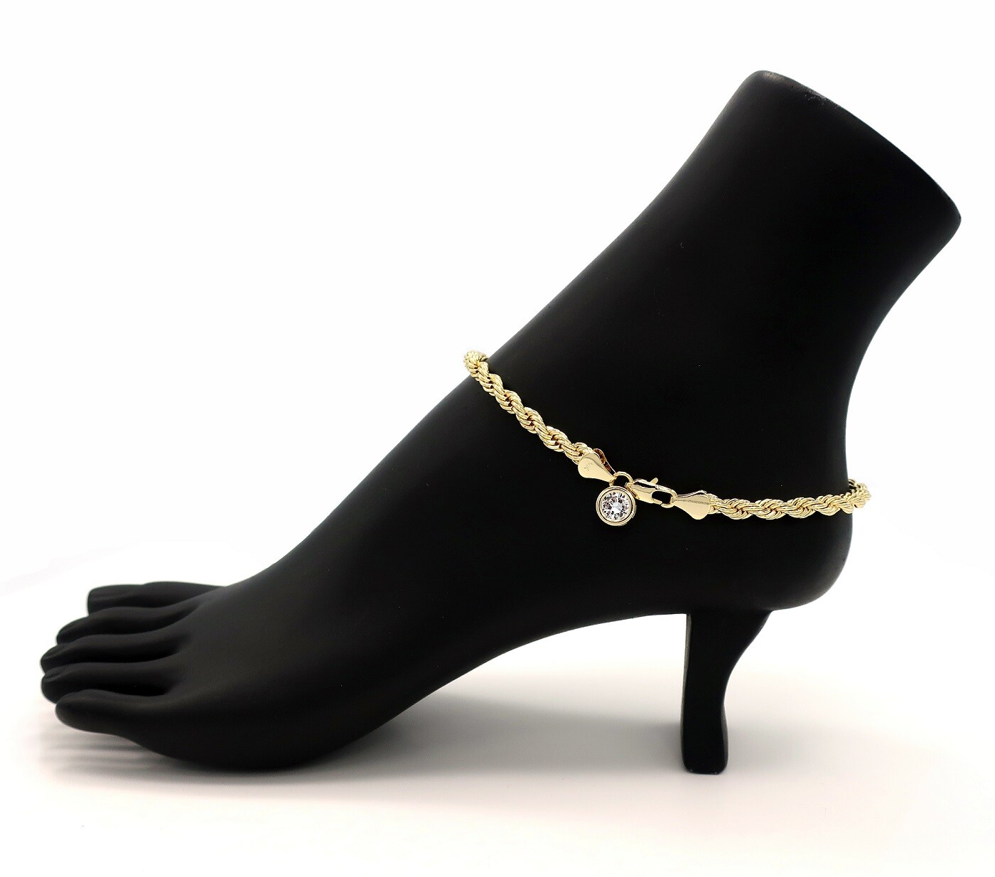 TWIST ROPE CHAIN 5mm CUBIC ZIRCONIA ANKLET BRACELET 14K ITALY GOLD PLATED