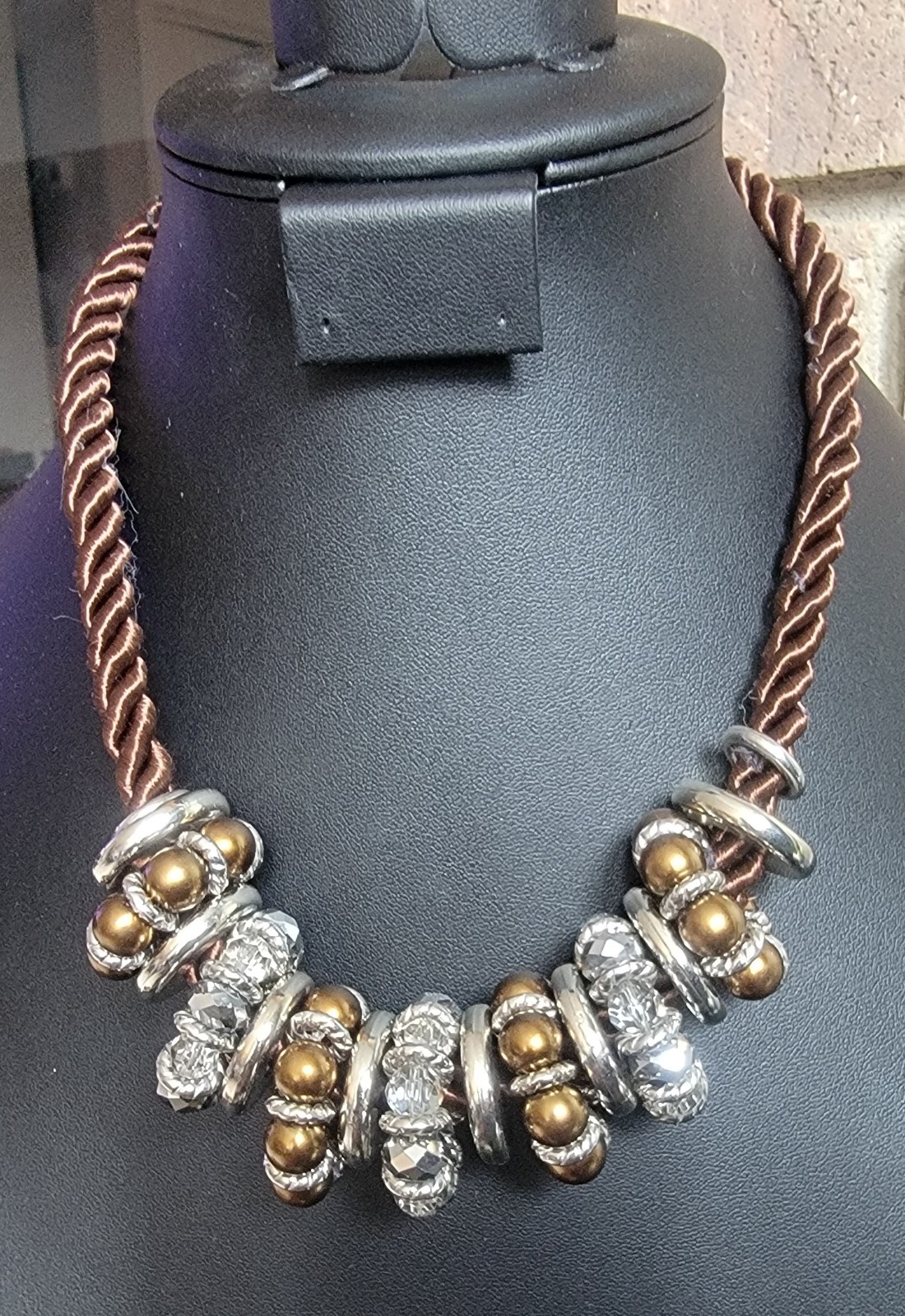 Statement Bold Rope Necklace Brown, Gold And Silver Tone