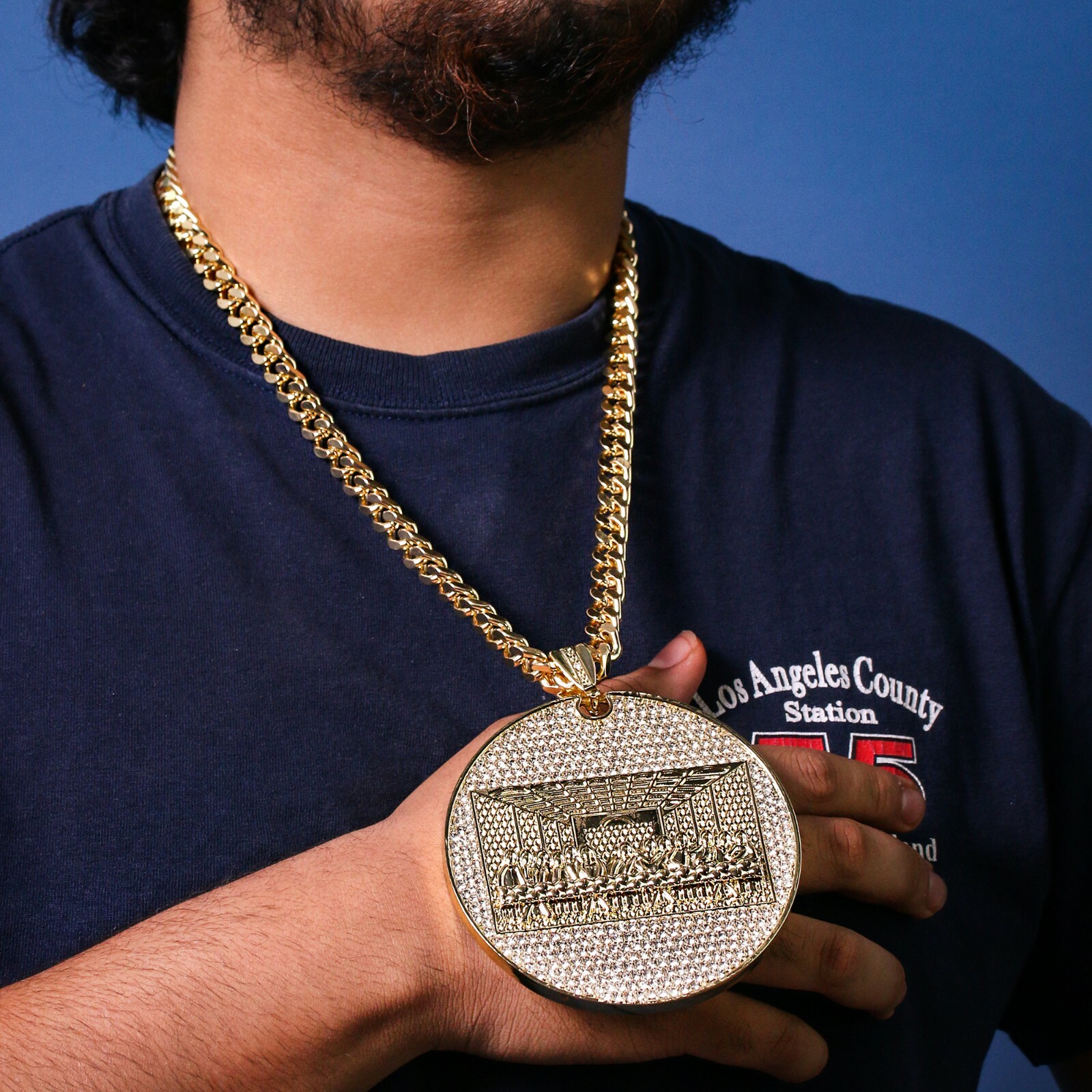 Hip Hop 14k Gold Plated Huge Last Supper Pendant Cubic Zirconia 24″ Cuban Chain