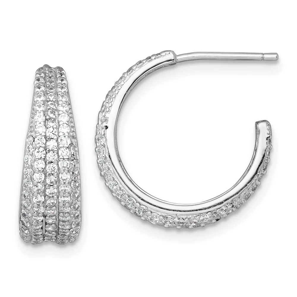 Sterling Silver RH-Plated Tapered Pave CZ Post C-Hoop Earrings