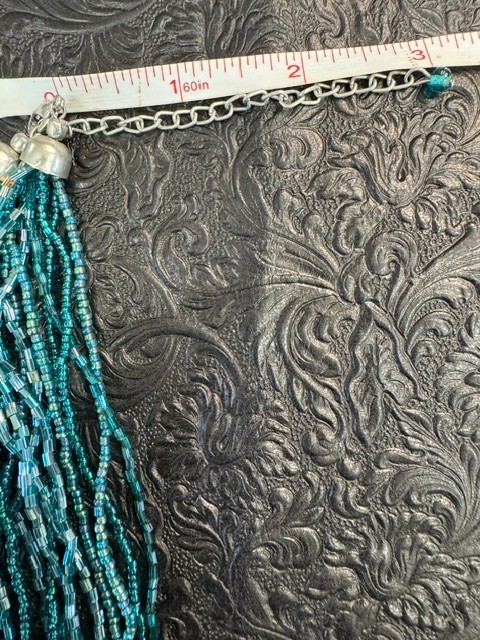Boho Teal Multi Strand Seed Bead Necklace Silver Tone Faux Malachite Pendant