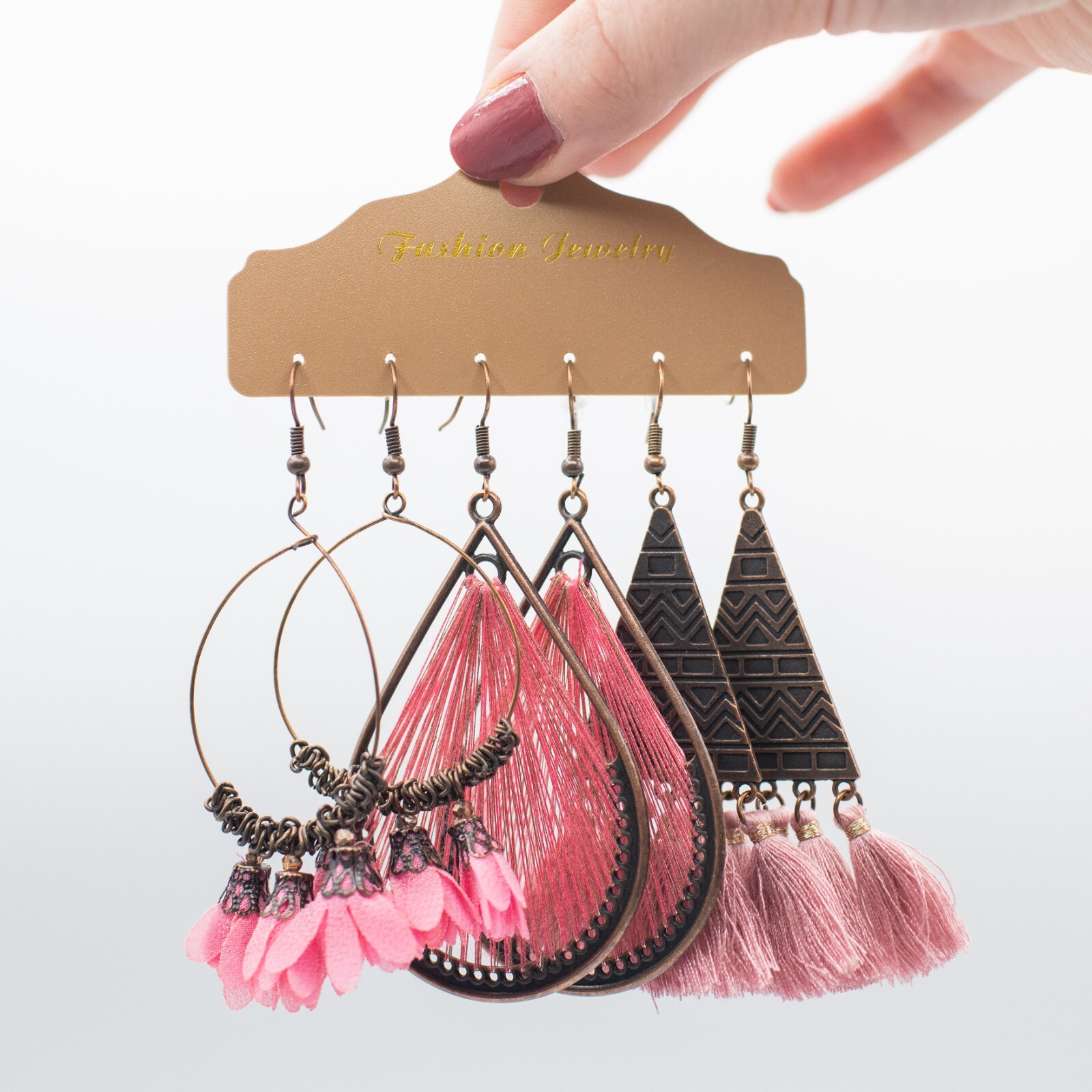 3 Pairs/Set Bohemian Boho Pink Earrings Hook Drop Dangle – Tassle, Loop, Trendy