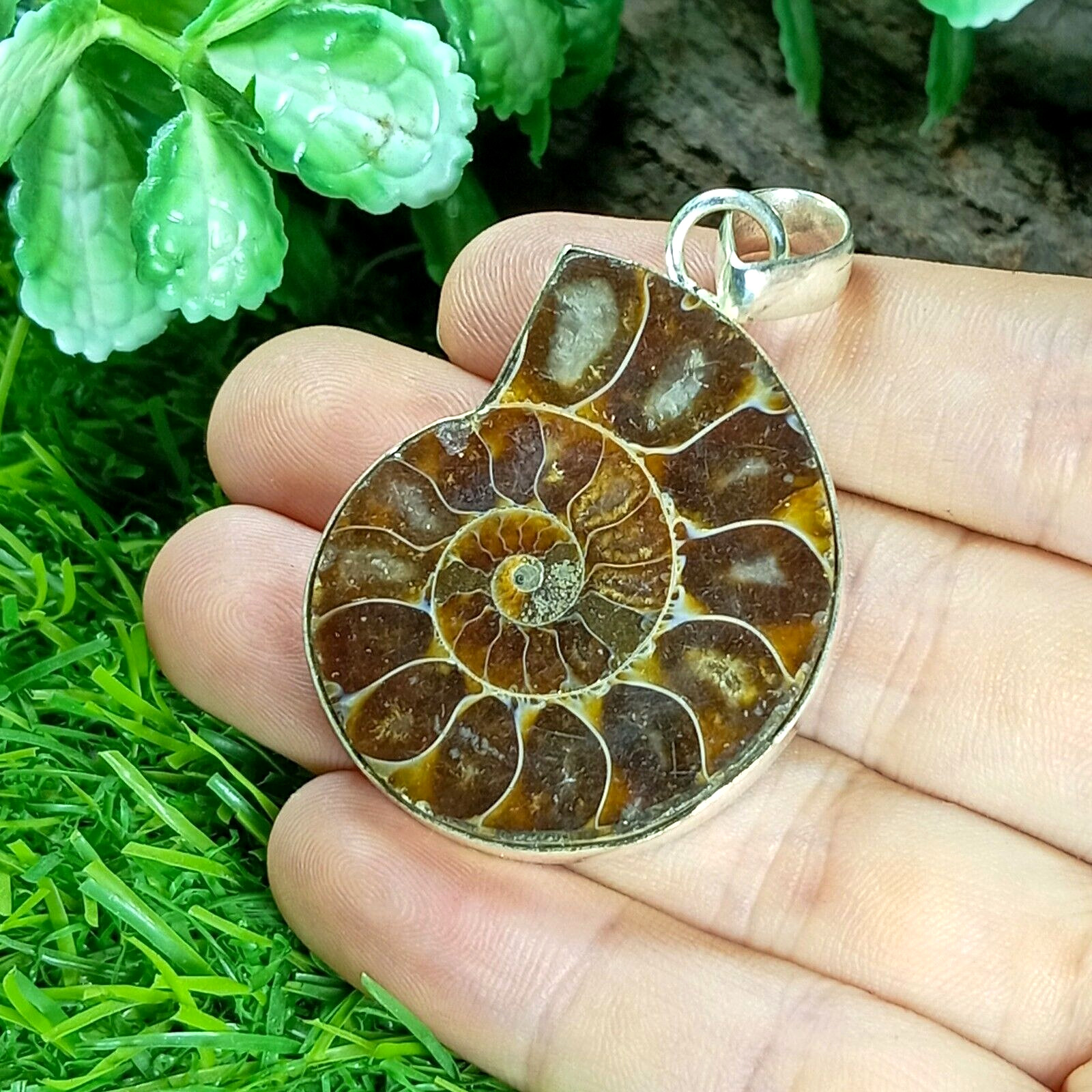 Ammonite Fossil Pendant Handmade Gemstone 925 Sterling Silver Jewelry Pendant