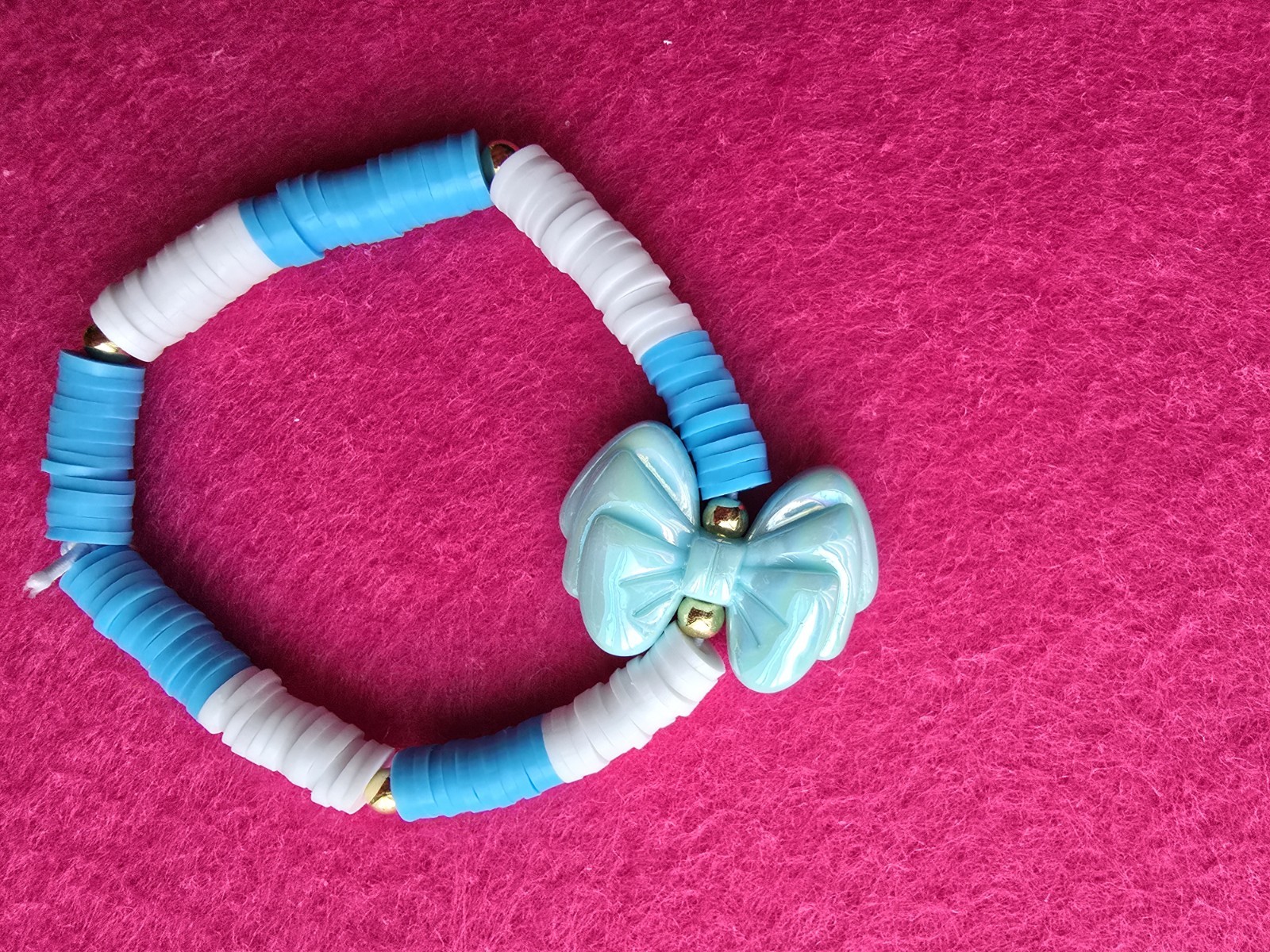 Blue White Plastic Beaded Stretch Slip-On Bracelet Bow Charm Stackable Beauty