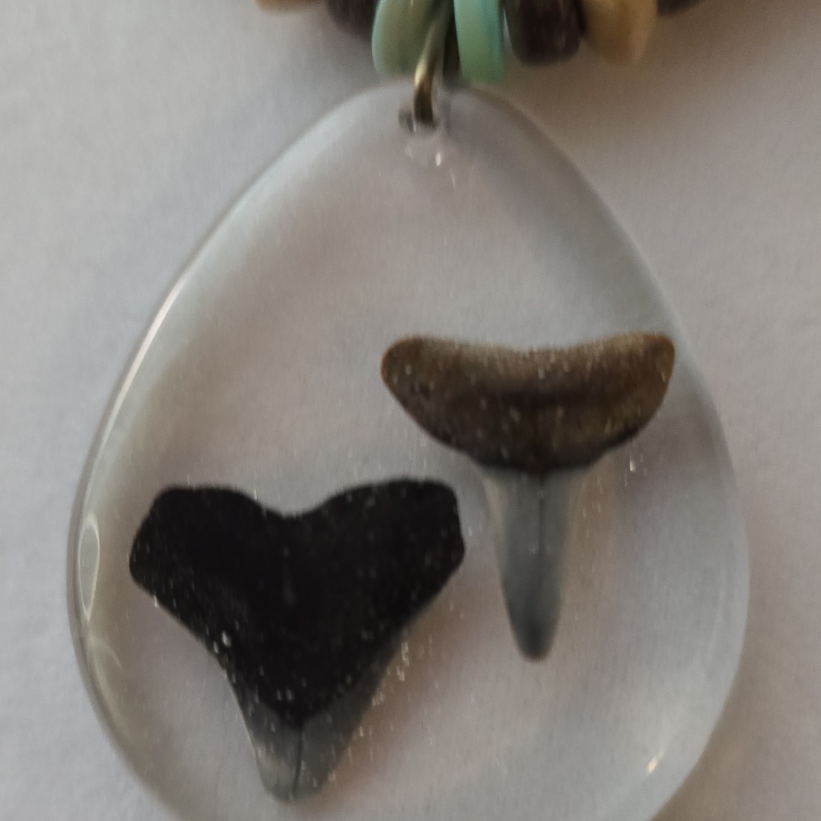 Beaded Necklace Handcrafted Resin Shark Teeth Charm, Wood Glass Beads