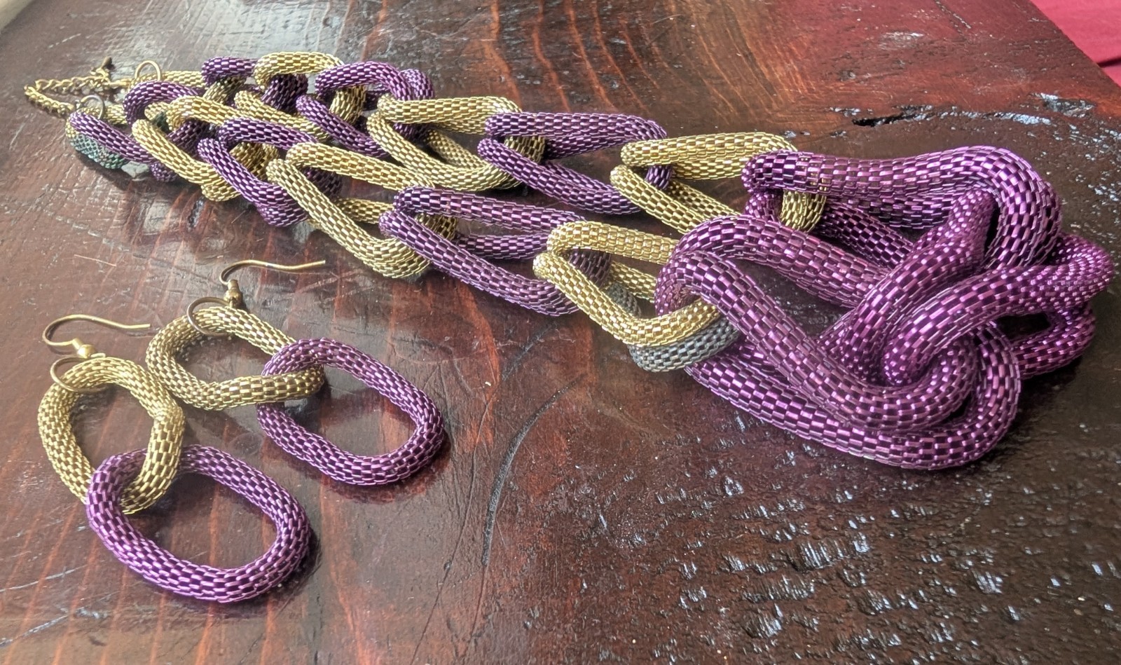 Goldtone+Purple Mesh Necklace+ Earrings Chunky Statement Hip Hop Flashy Cosplay