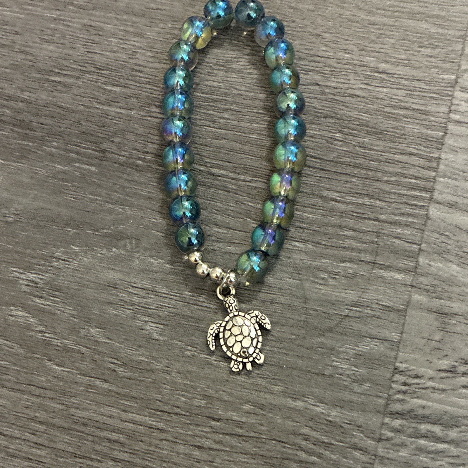 Blue/Green Glass Beaded Stretch Charm Bracelet, Silver Tone Turtle Dangle