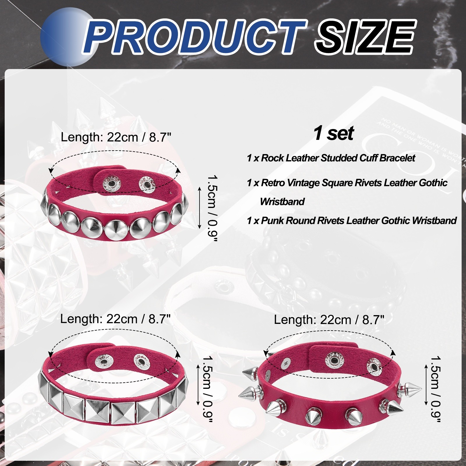 3Pcs Punk Studded Bracelet Set, 8.7″/22cm Adjustable Bracelets, Rose Red