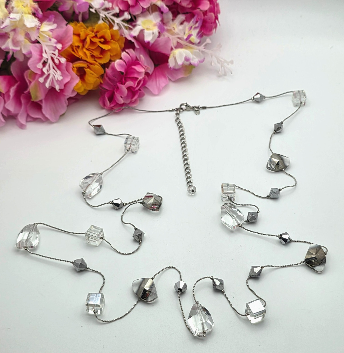 Premier Designs Clear Smoke Glass Station Necklace Silver Tone 52 In adj. Opera