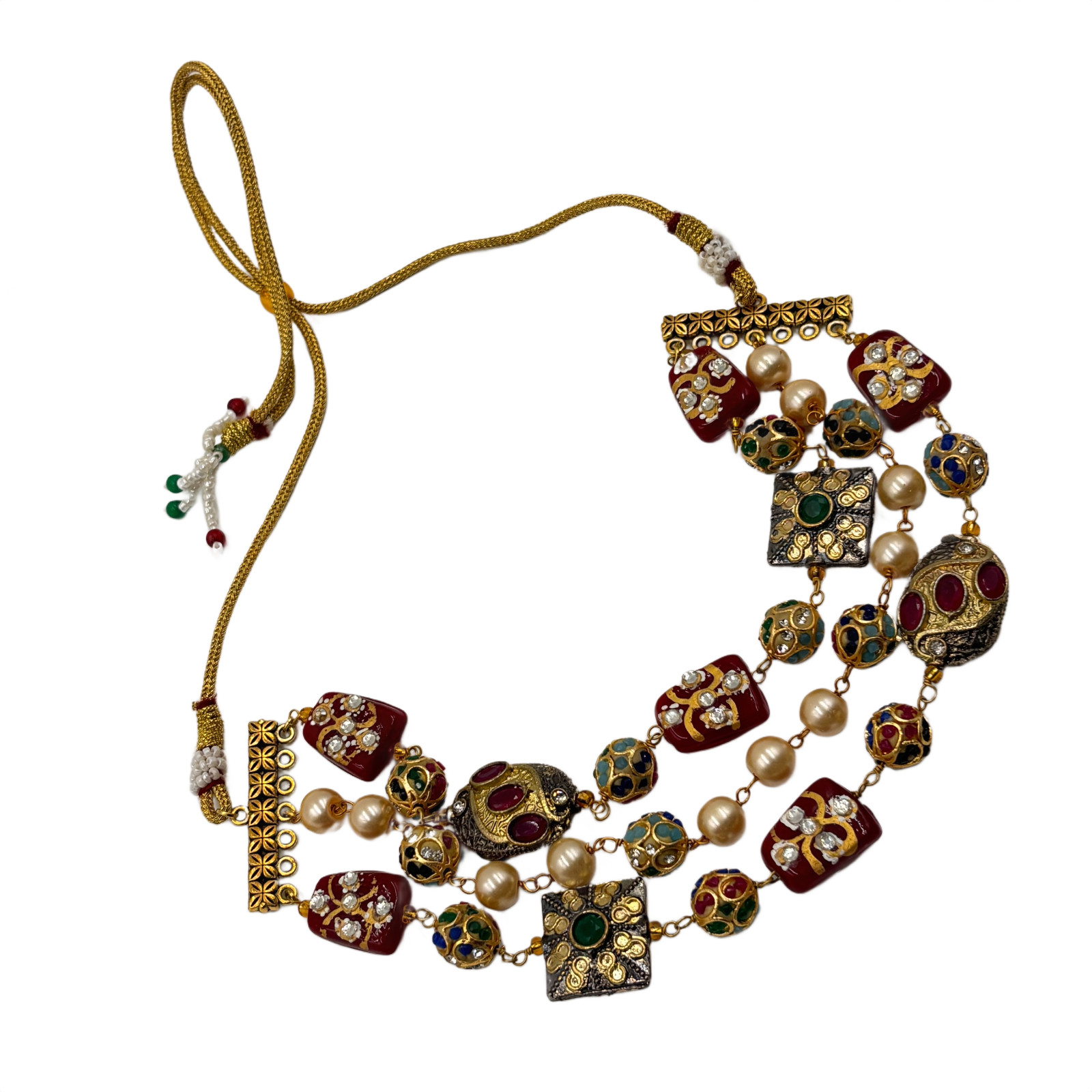 Gold Tone Multicolor Beaded Necklace Set Indian Ethnic Kundan Style Jewelry
