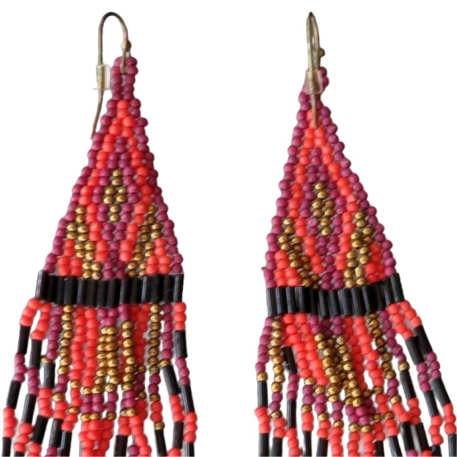 Boho Handmade OOAK Beaded Hanging Earrings Long Lightweight Pink Orange Black