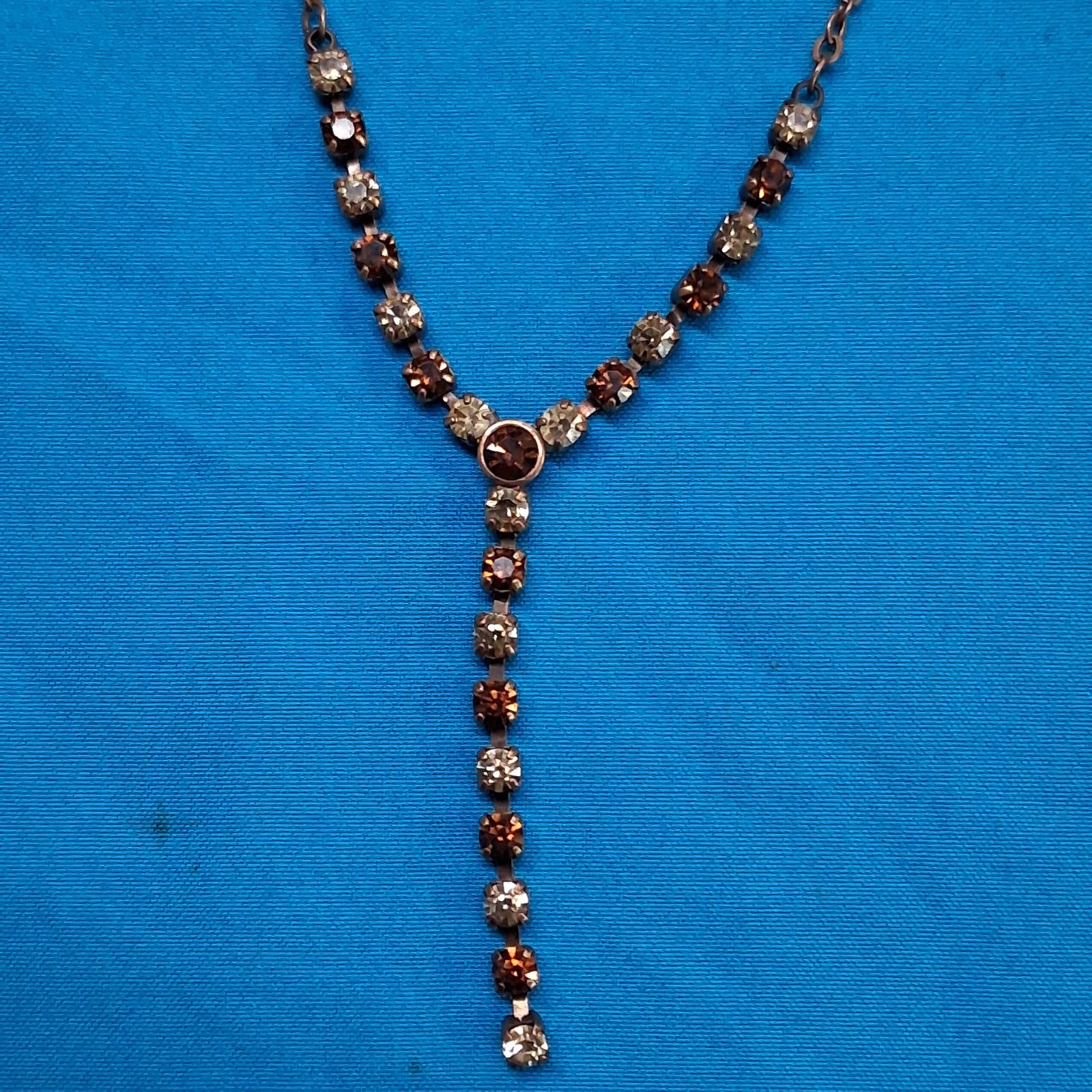 Vintage 1928 Branded Amber Tone Glass Rhinestone Y-Drop Pendant Copper Necklace
