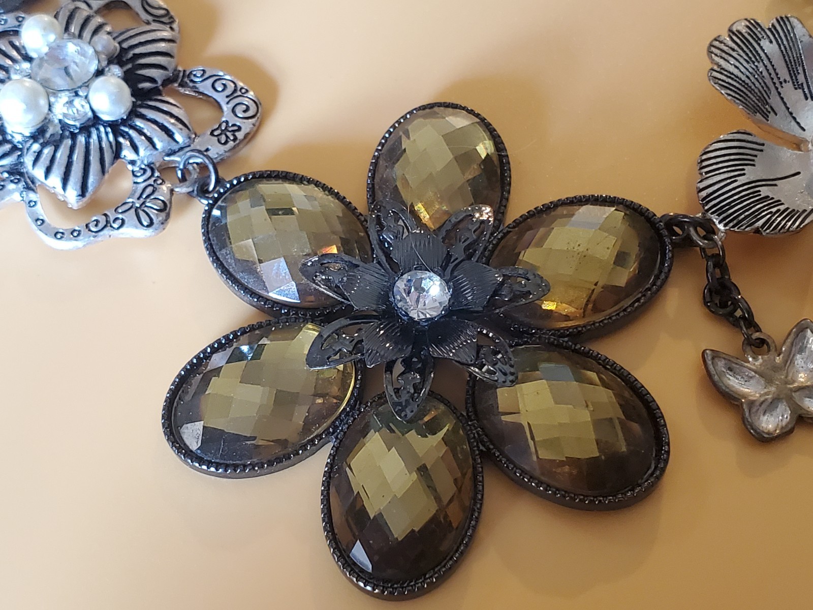 Park Lane Statement Necklace Crystal Pearl Flowers Leaves Butterfly Black Chain