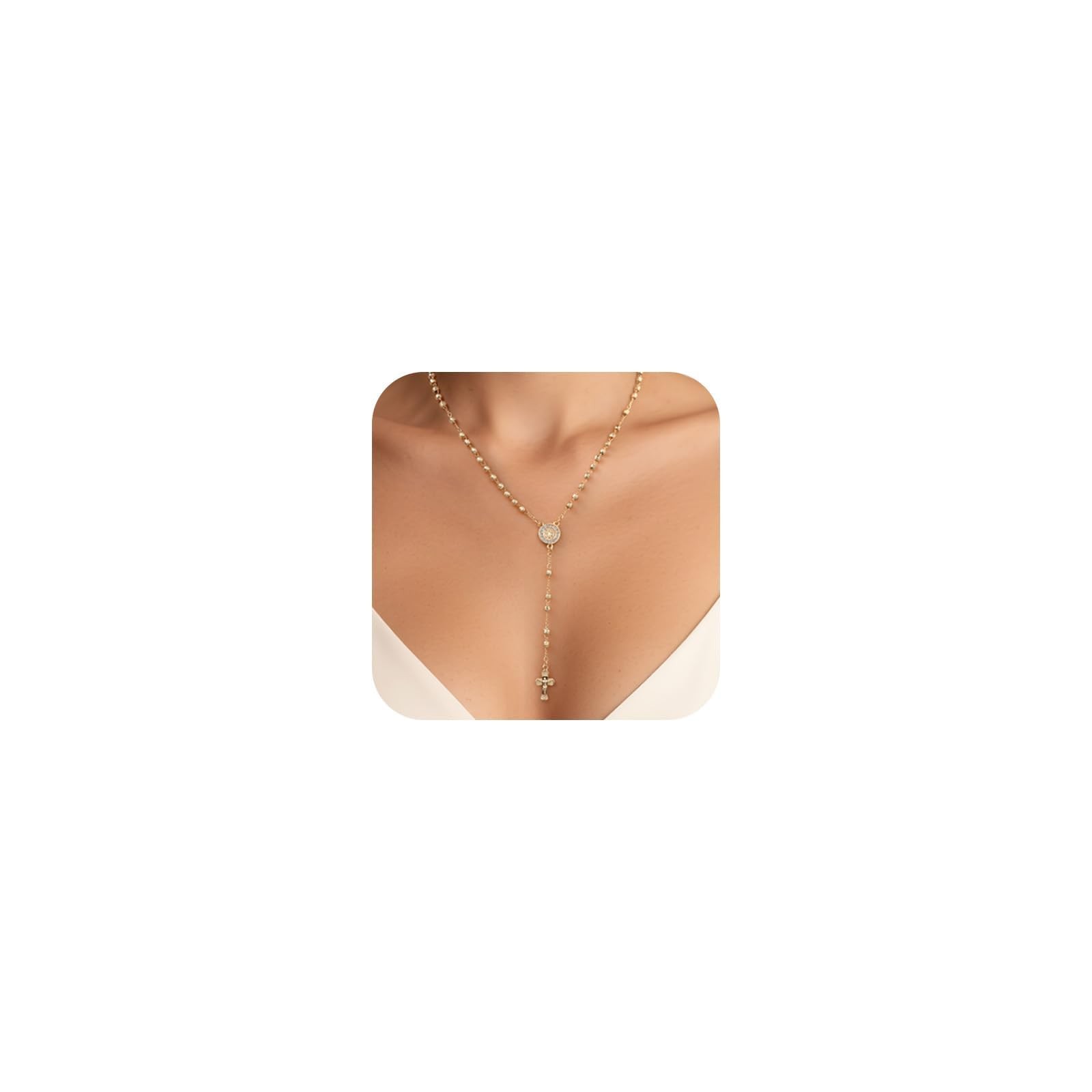 Women’s Gold Saint Benedict Necklace – 14k Gold Plated Rosary Beads Cross Nec…