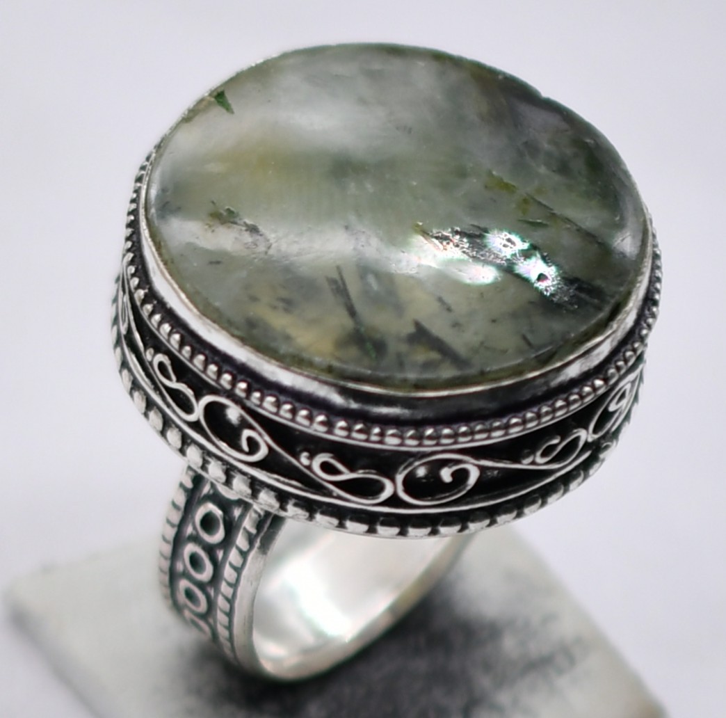 Prehnite Natural Gemstone Antique Design Ring US Size-8.5 R 4621