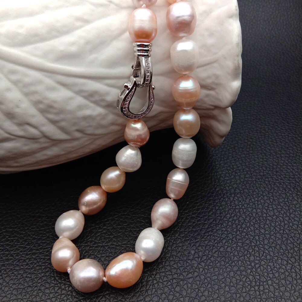 Freshwater Pearl Pink Purple White Rice Mixed Color Pearl Necklace For Women 17″