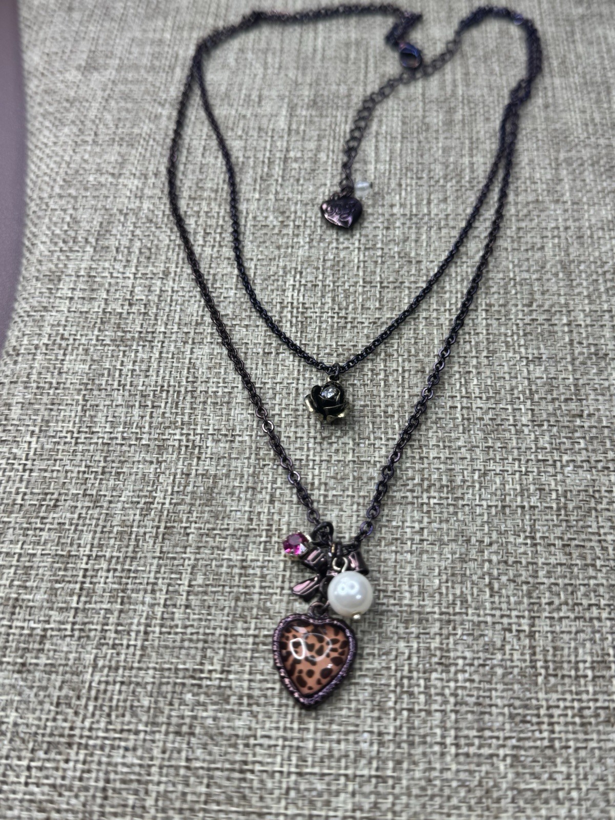 Betsey Johnson Layered Charm,purple/iridescent necklace 16”-19”