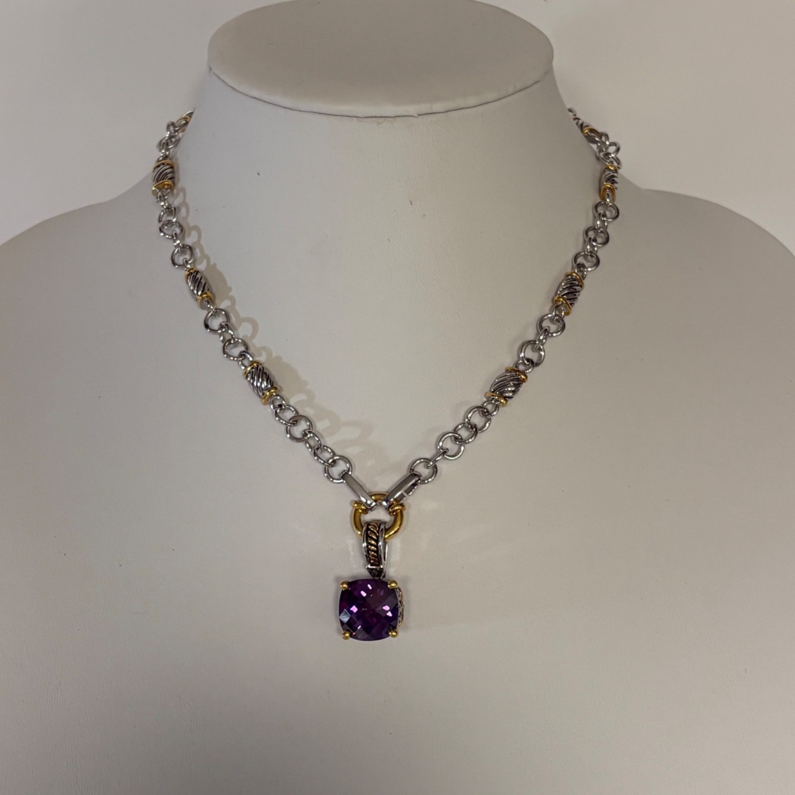 Silver and Gold Tone Necklace Removable Purple Pendant Elegant