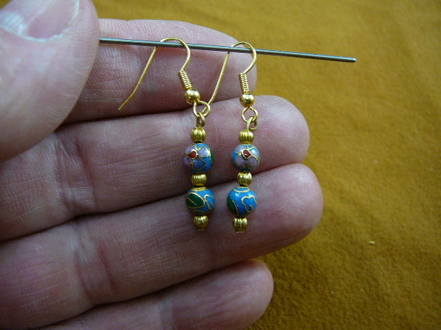 (ee610-41) Medium Blue pink flower CLOISONNE two bead dangle EARRINGS Jewelry