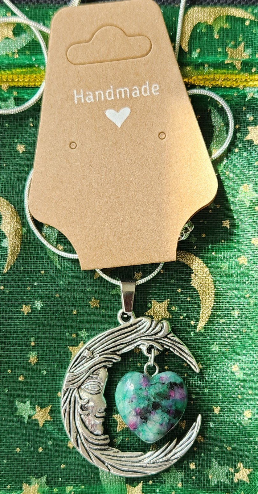 Crescent Moon With Zoisite Heart Gemstone 925 Silver Snake Chain Necklace