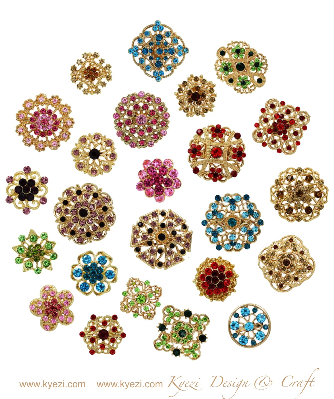 24 pc Assorted Alloy Multi Color Rhinestone Crystal Brooch Wedding Bouquet Cake