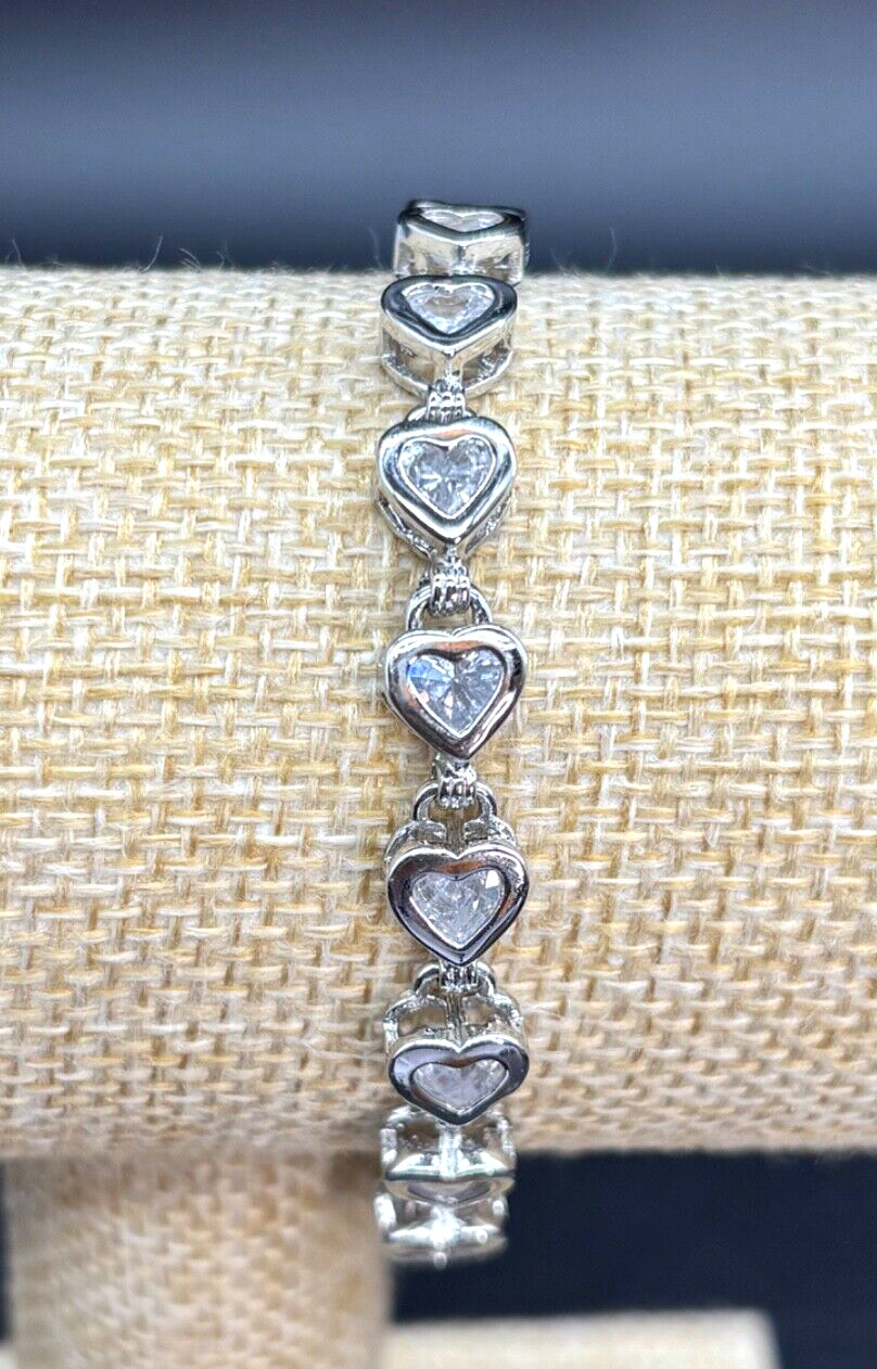 Silver CZ Heart Tennis Bracelet Locking Safety Clasps Rhodium Finish 7″