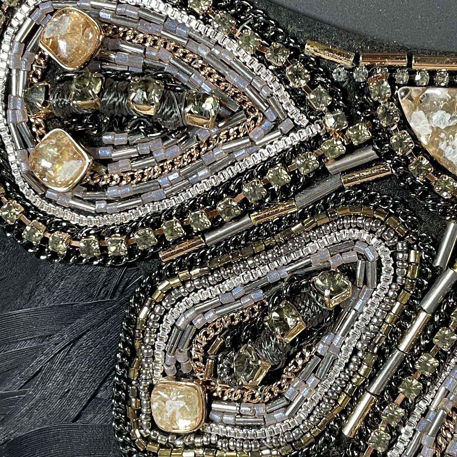 Stella & Dot Constantine Feather Bib Necklace Black Rose Gold Crystal Statement