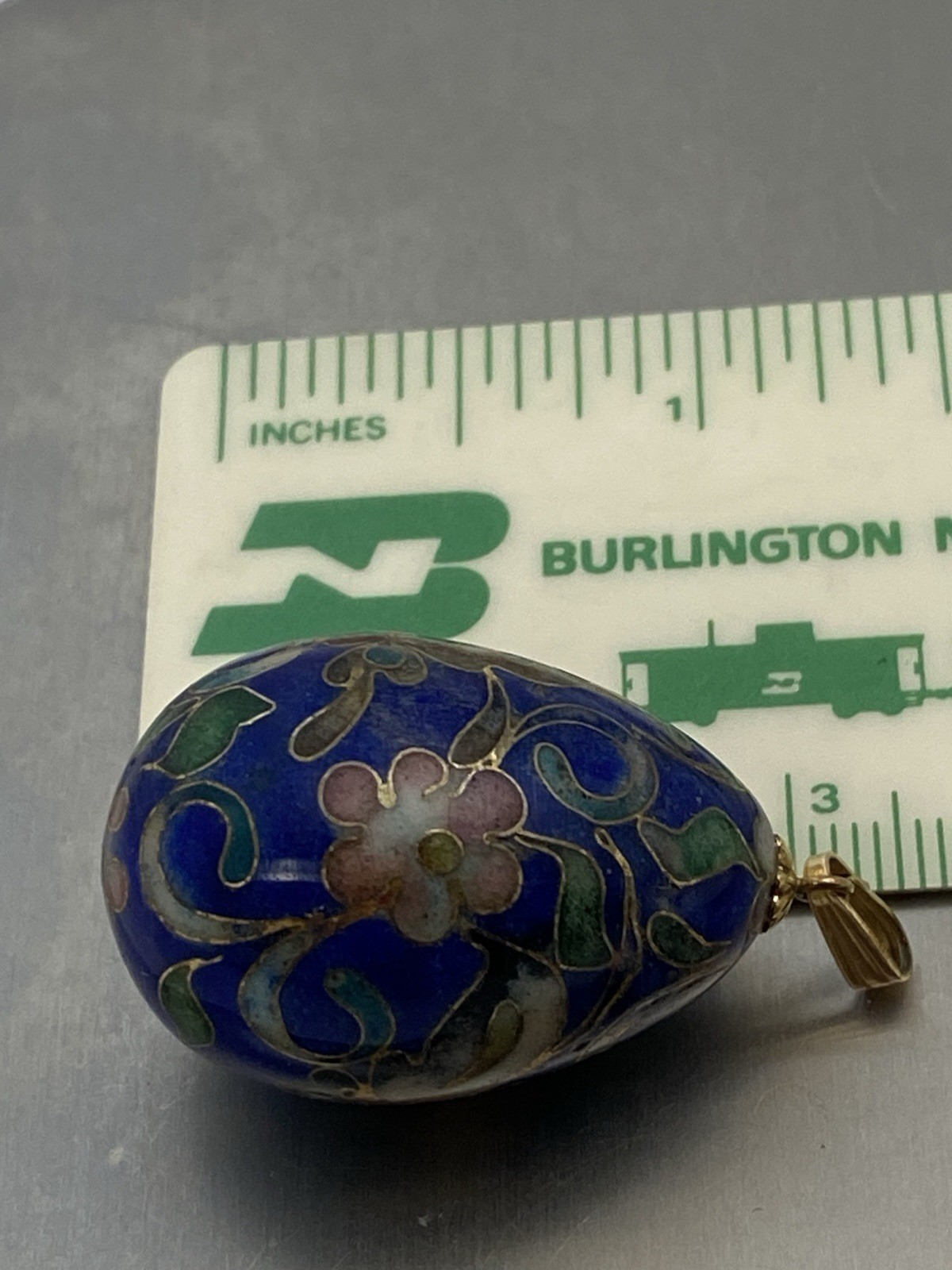 Pendant Cloisonne Egg Shape Blue w/ Butterfly Gold Color Bail 1 1/4″