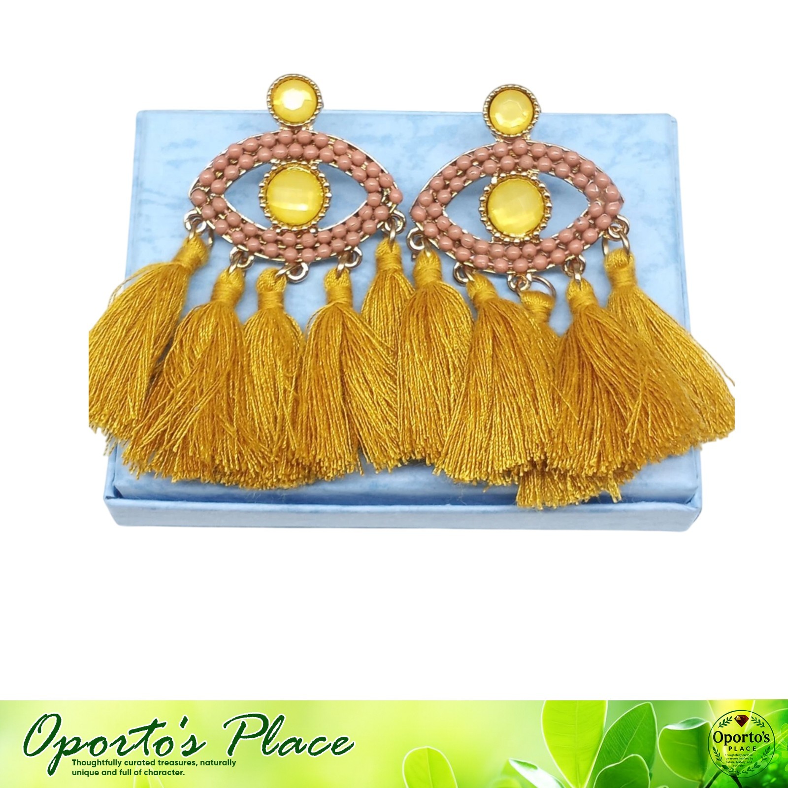 Vintage Tassle Earrings Ethnic Pierced Mustard Yellow Color Eye Shape Design