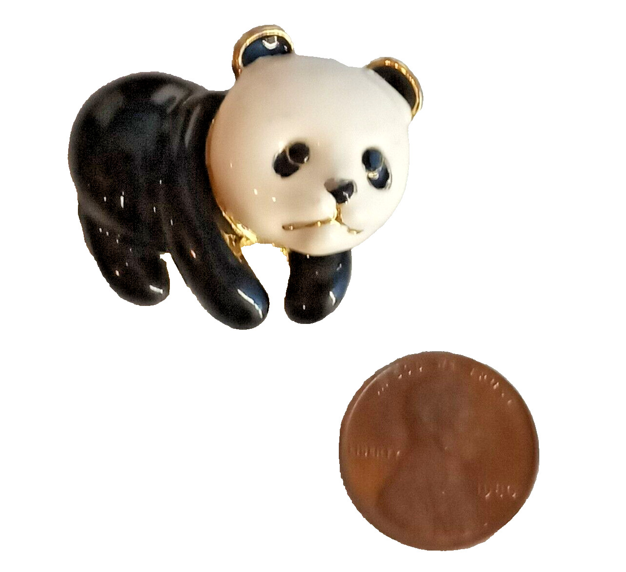 Gold Tone Black & White Enamel PANDA Bear Shape Pin Brooch Vintage 1-3/8inch EUC