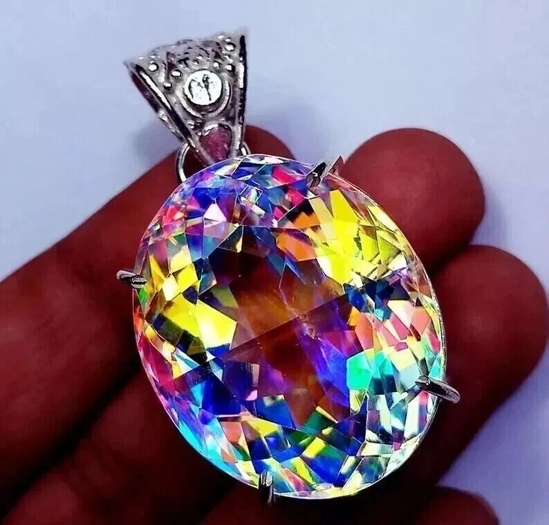 Natural Oval Mystic Topaz 95.15 Ct+ 925 Solid Silver Rainbow Pendant Gemstone