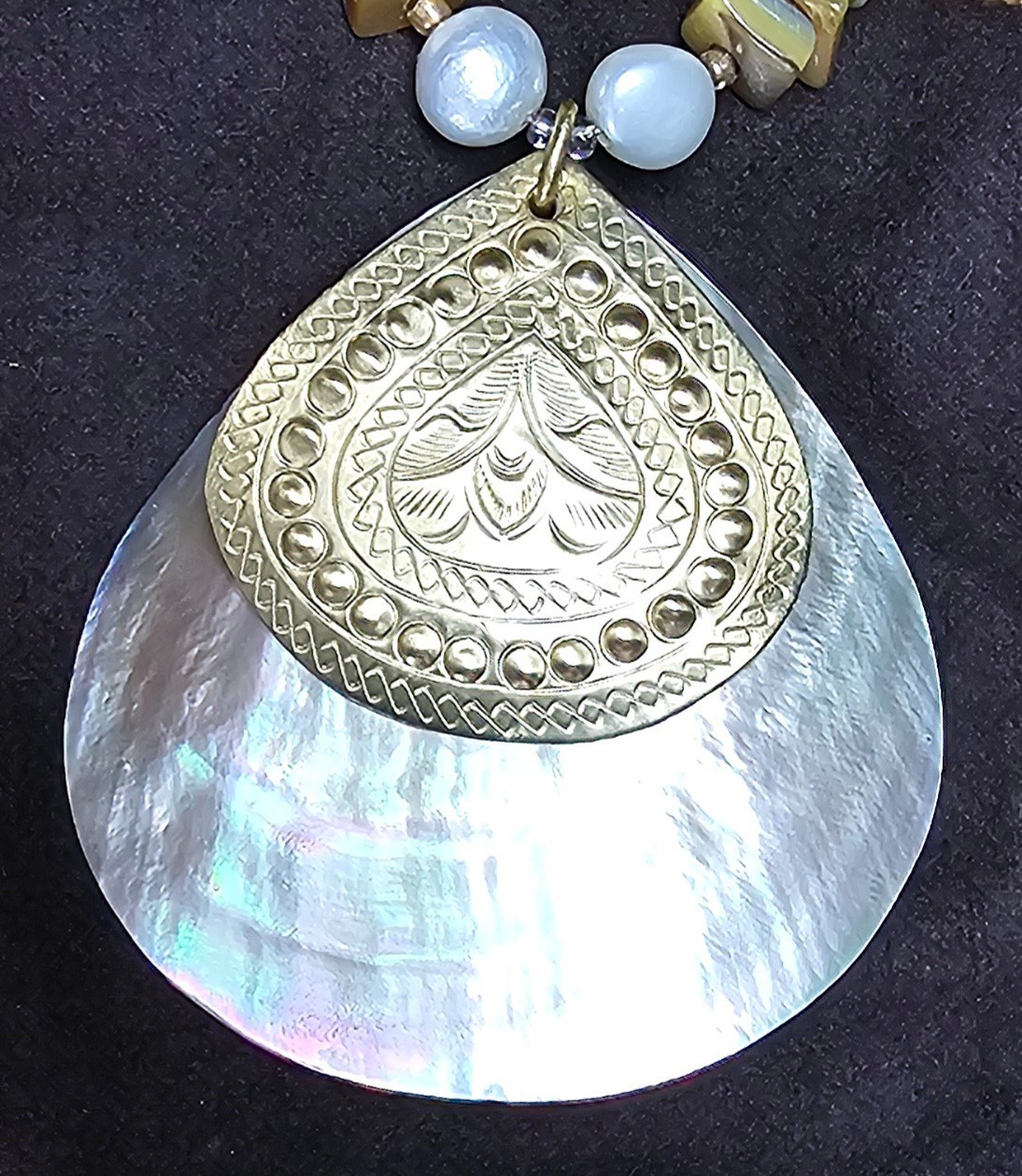 2 Large Mother of Pearl Seashell Necklaces w/Carved, Gilded & Stamped Components