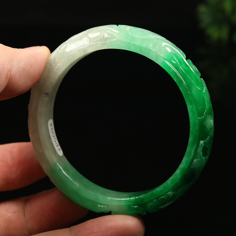 55mm White Emerald Green Jadeite Jade Bangle Bracelet Bat Ruyi Money A-11441