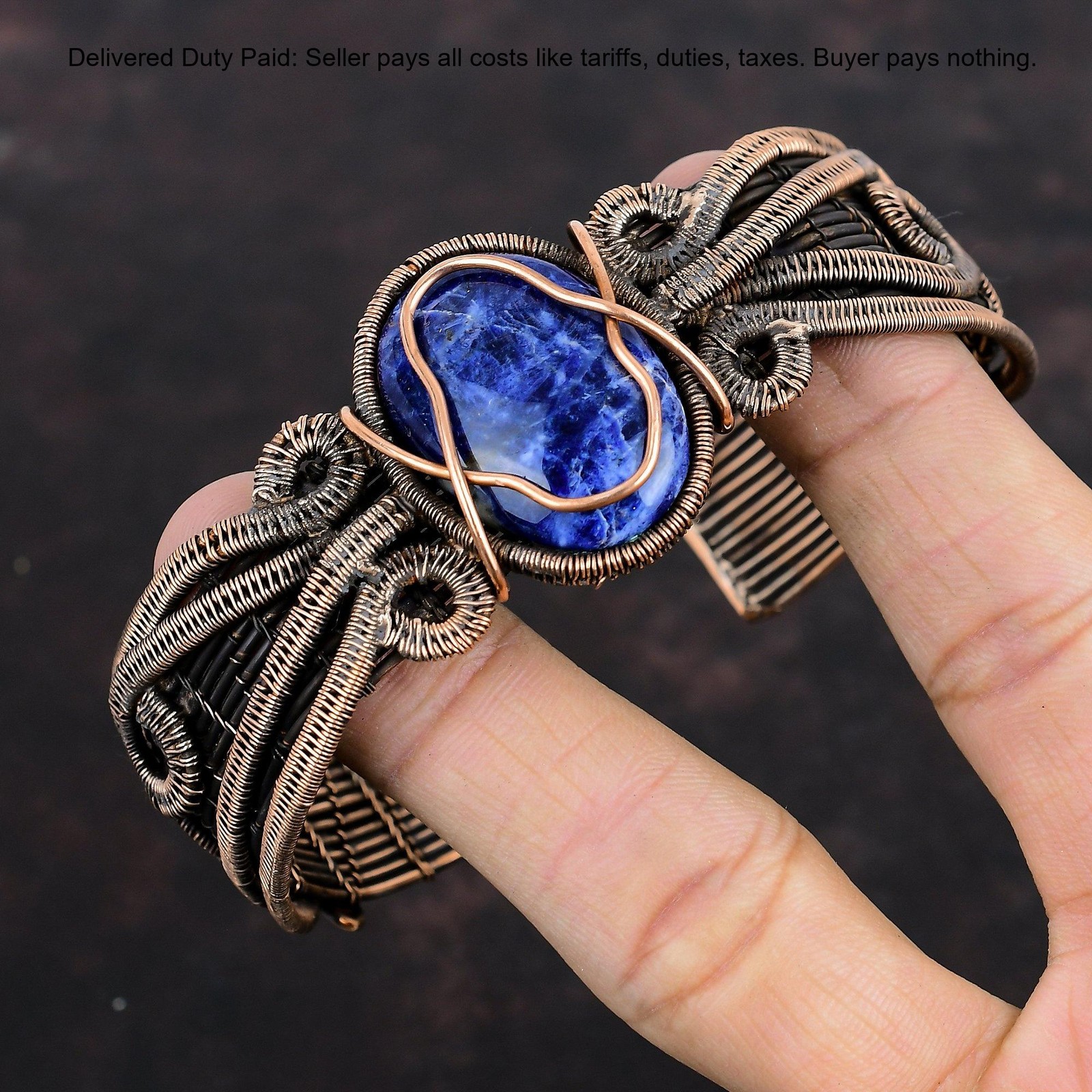 Oval Third Eye Chakra Sodalite Gemstone Boho Wire Wrapped Bangle Jewelry Copper