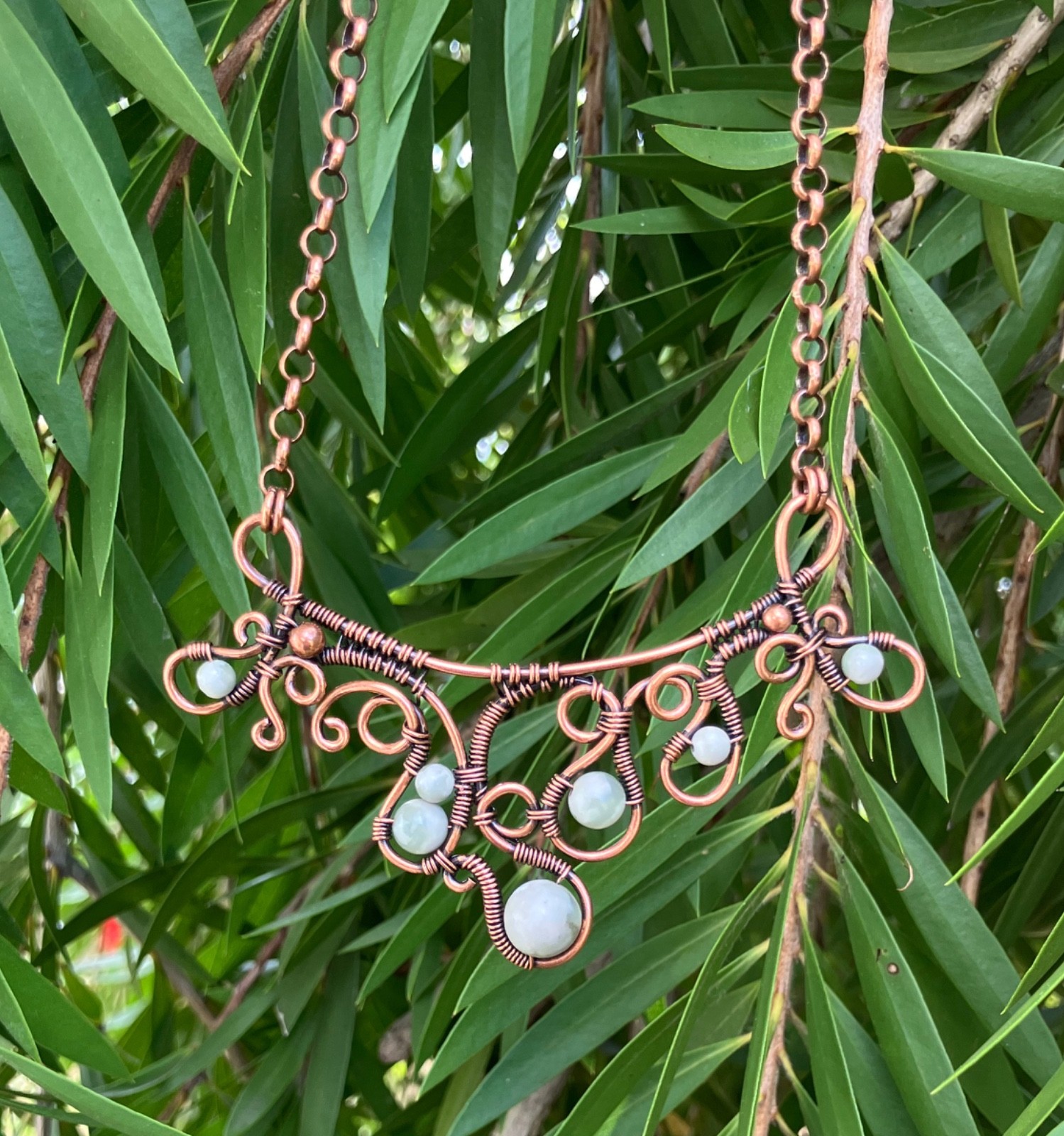 Natural Stone Abstract Wire Wrapped Necklace Bohemian Whimsical Copper Handmade