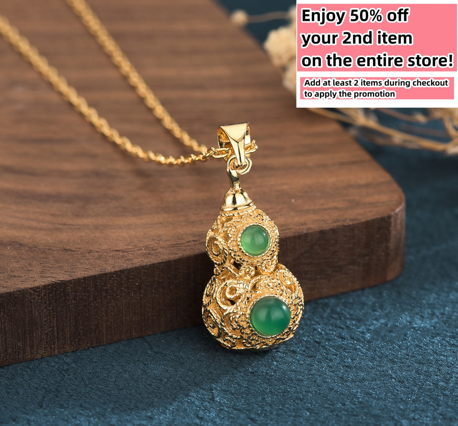 Jade Crystal Carved Hollow Pendant Necklace Charm 18K Gold Plated Gemstone Gift