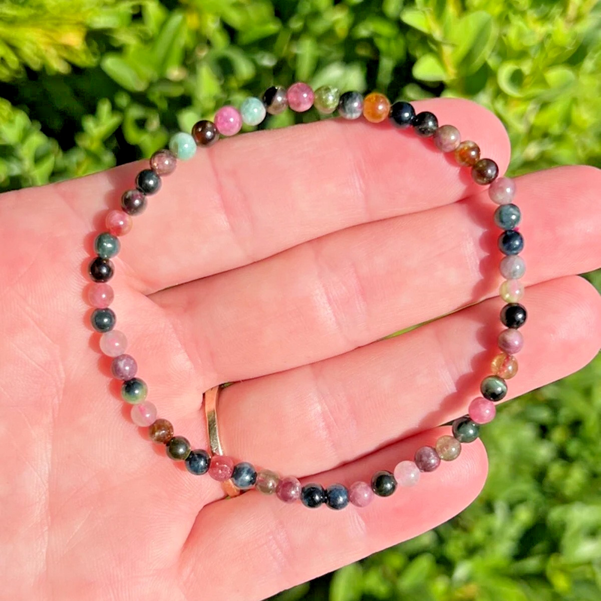 Rainbow Tourmaline Crystal Gemstone Stretch Dainty Bracelet Minimalist 4mm Beads