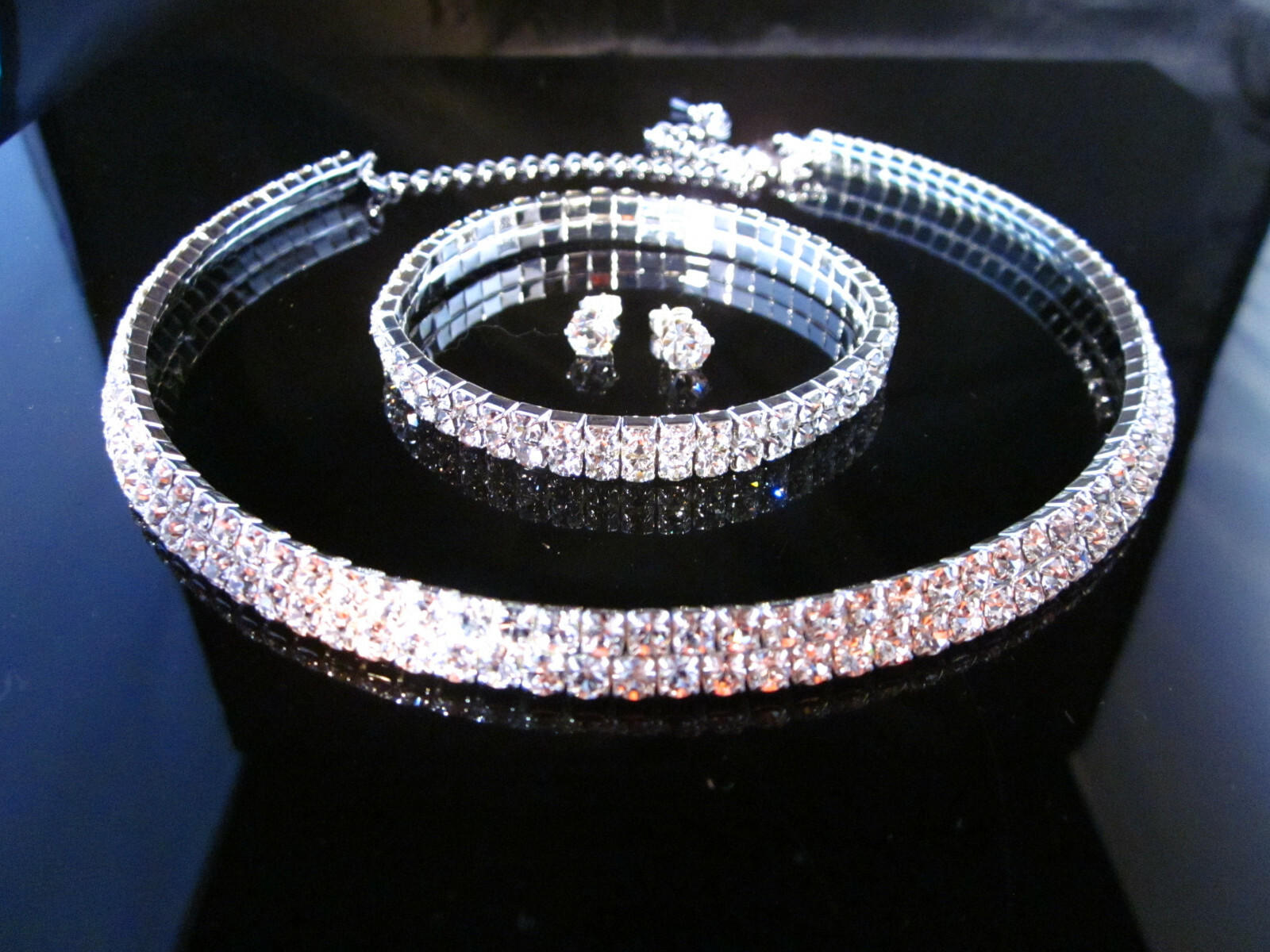 Jewelry Set Swarovski Elements Two Tiers Choker Tennis Bracelet Stud Earrings