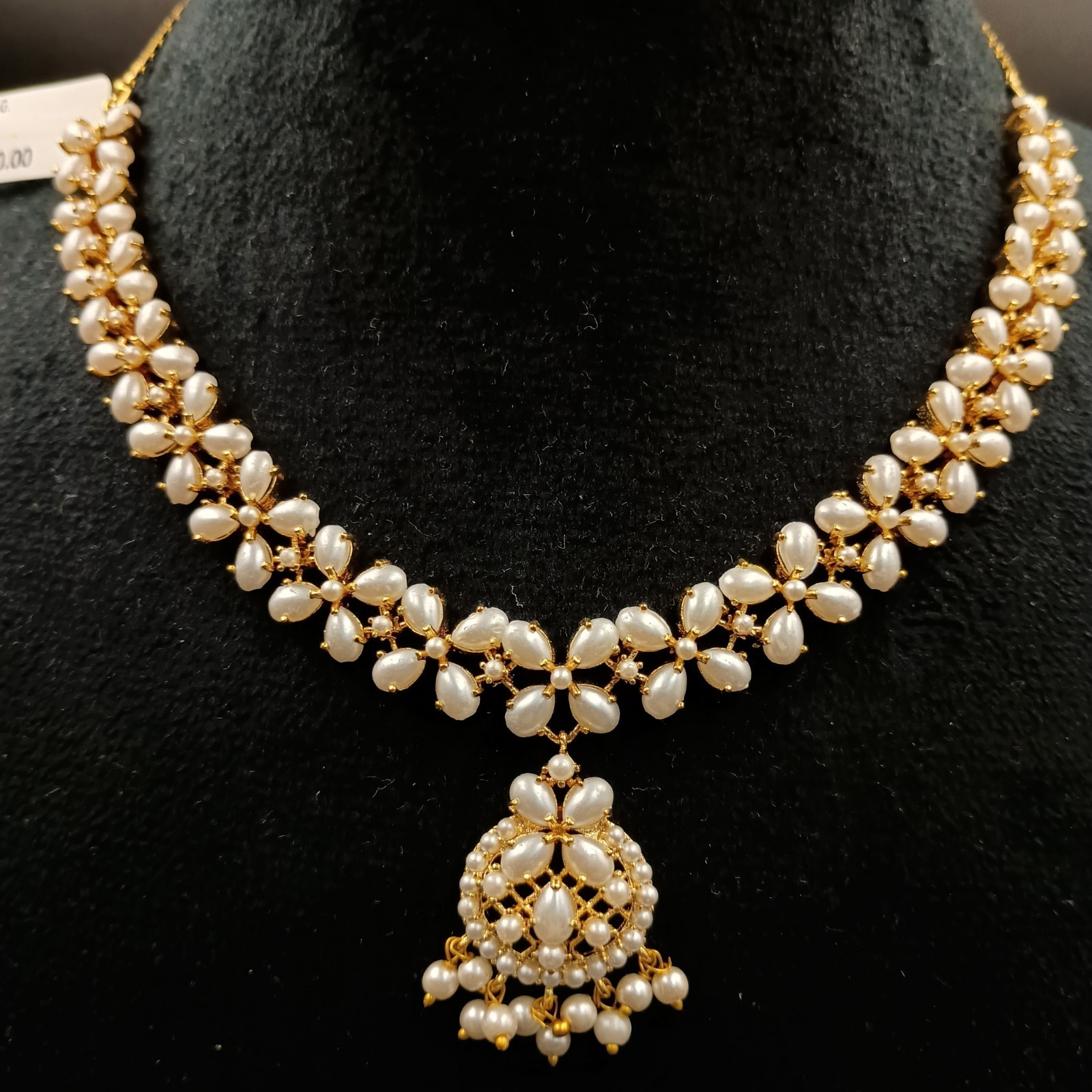 Vintage White Pearl Necklace Set 22K Gold Plated Chain Earrings Bridal Gift