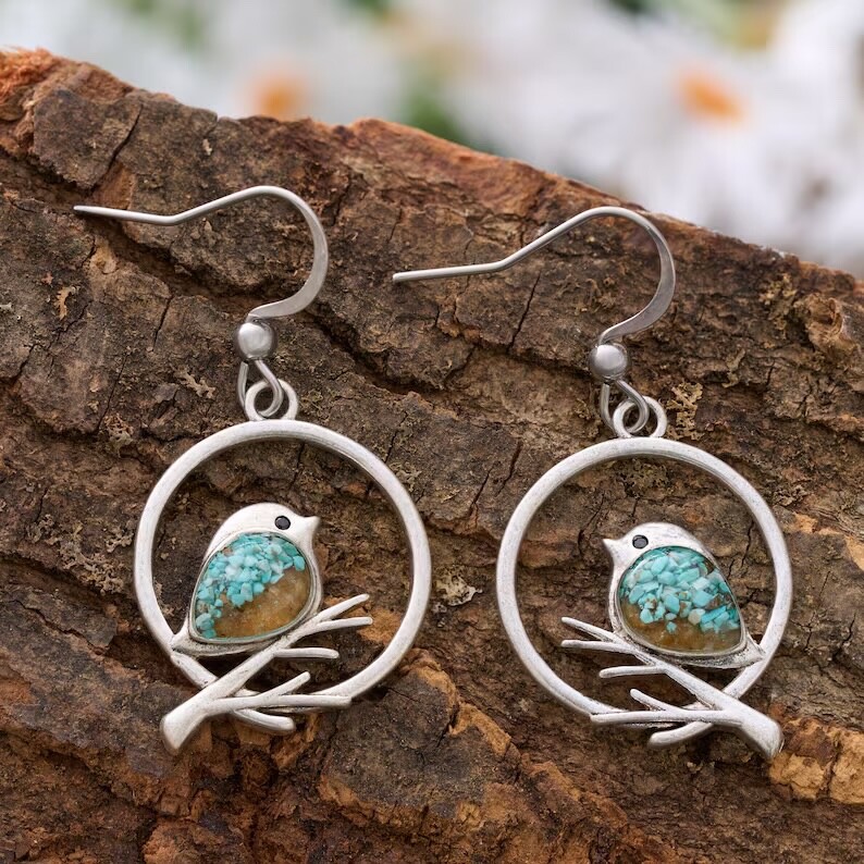 Beautiful Unique Bird Branch Earrings, Turquoise Sand Inlaid