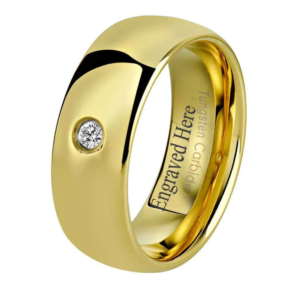 Glossy Gold-Plated Tungsten Carbide Dome Wedding Band with Cubic Zirconia