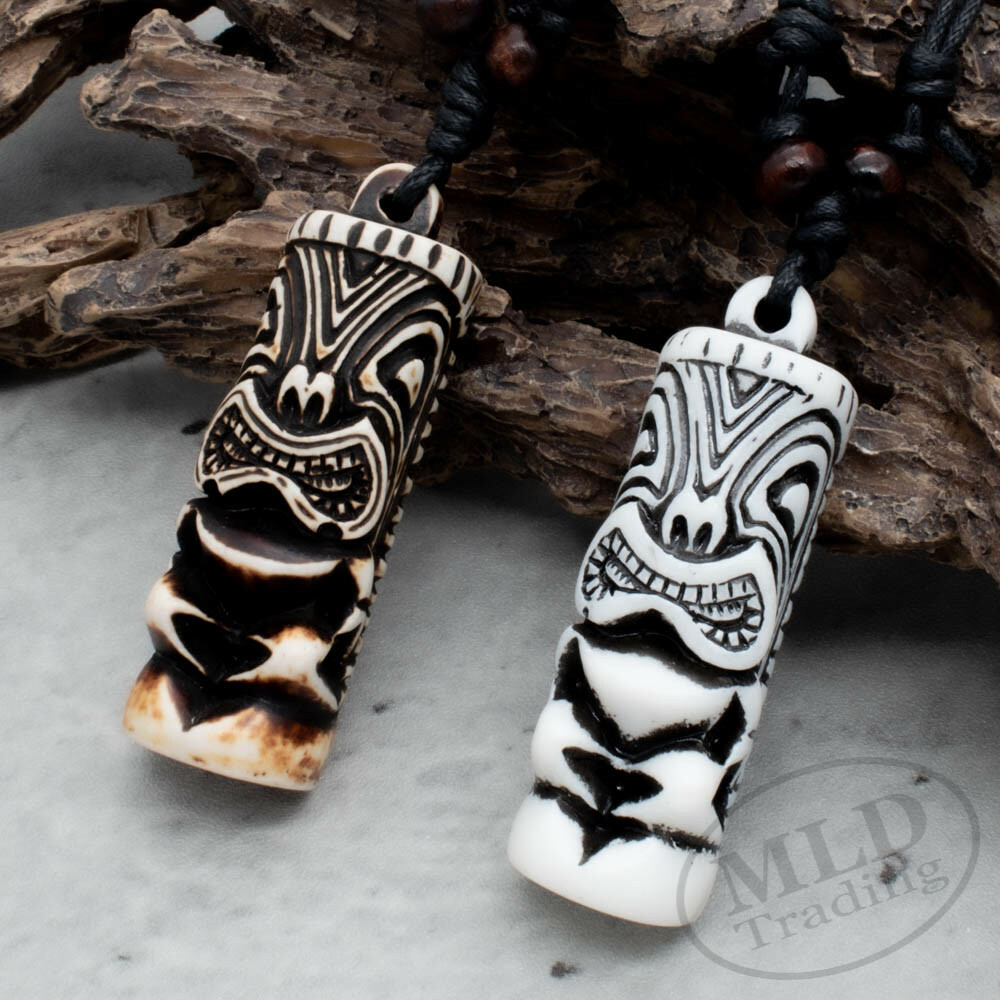 Hawaiian Style TV Show Surfer Tiki Pendant Bone Necklace – 2 Colors Brown White