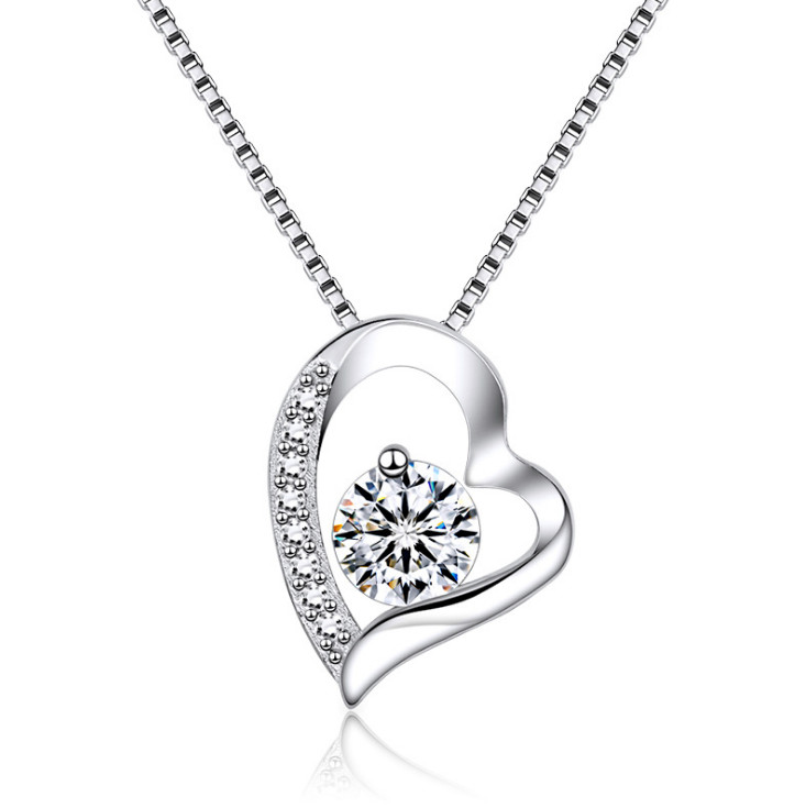 925 Sterling Silver Heart Clear Cubic Zirconia Pendant 18″ Necklace Gift Box G10