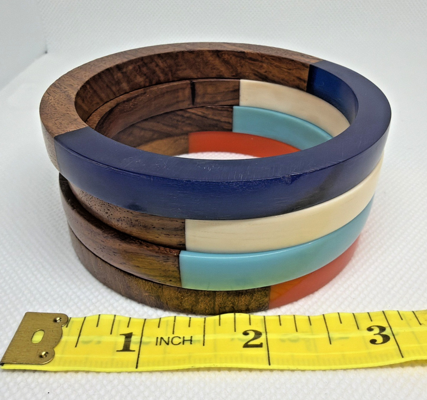 Mod Retro Wood & Resin Bangle Bracelets Stackable Mid-Century Style Set of 4