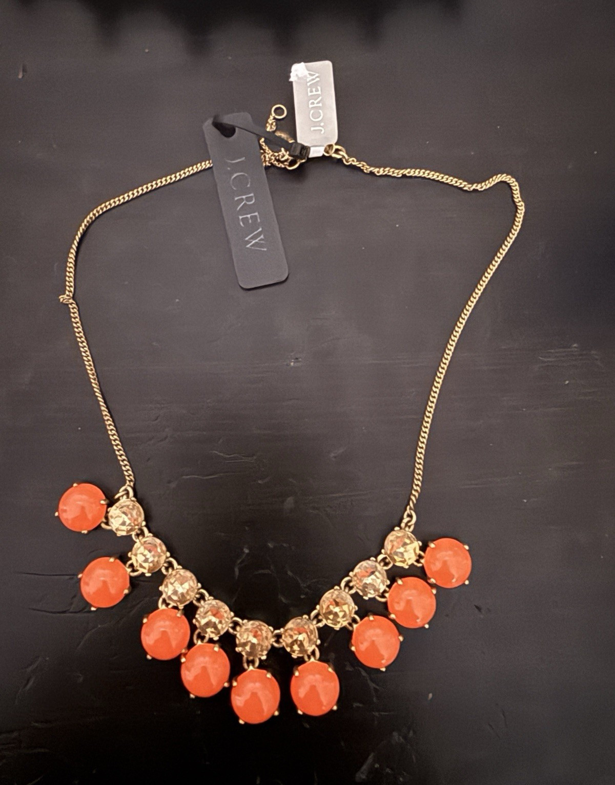 J.CREW Gold Tone Cable Chain Statement Necklace Orange Glass Stones Adjustable