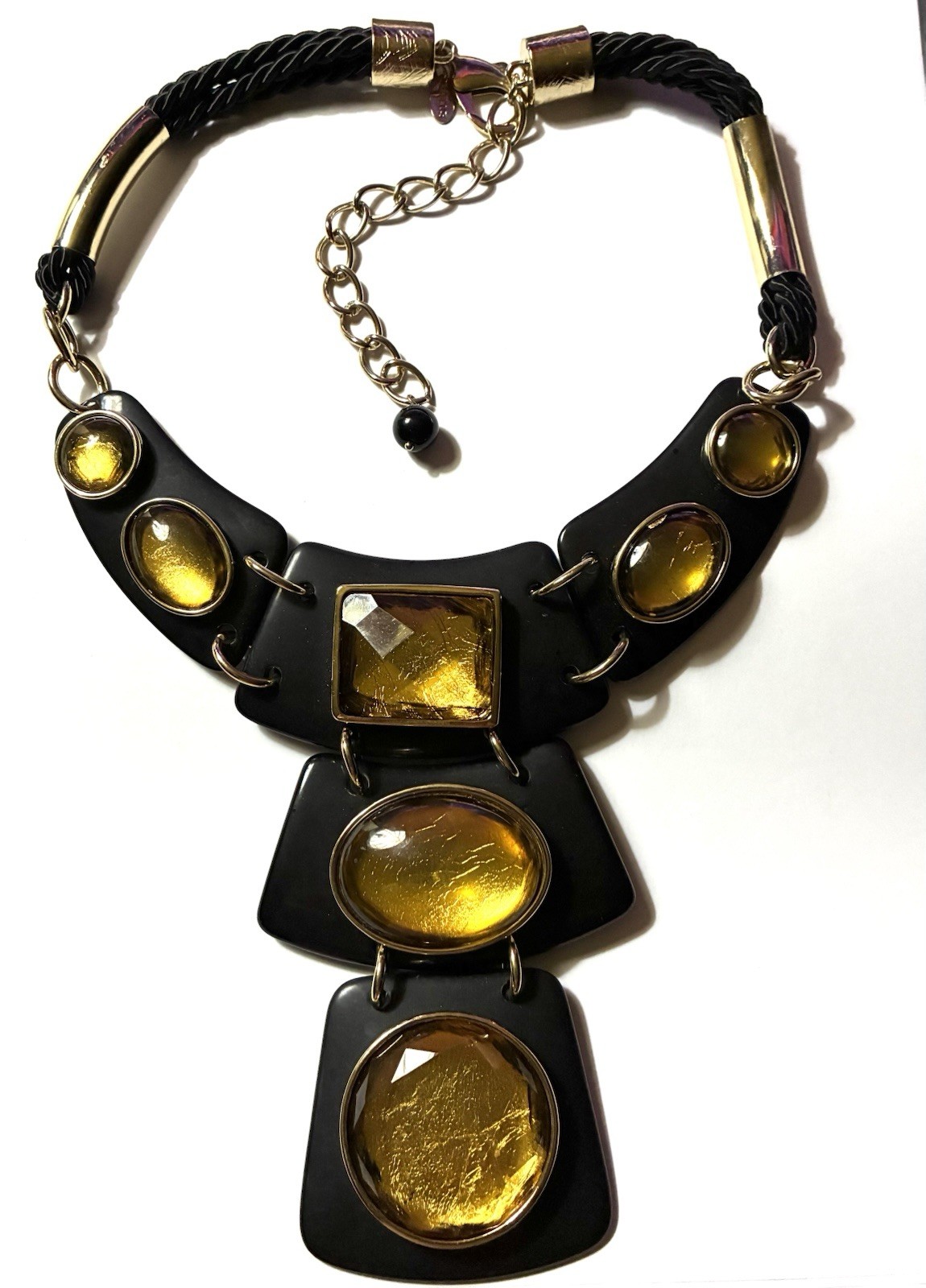 Awesome Chico’s Statement Black Gold Yellow Chunky Necklace 22″