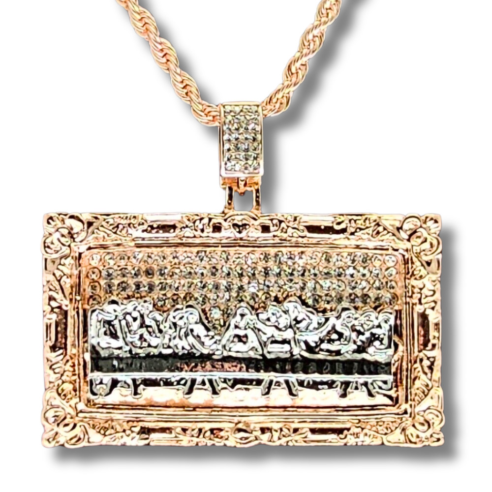 Two Tone XL Last Supper CZ Pendant 14k Rose Gold Plated 24″ Rope HipHop Necklace